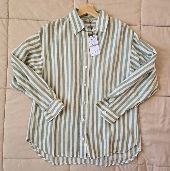 Stradivarius Green White Oversized Button Down Shirt, XS - Picture 7 of 11